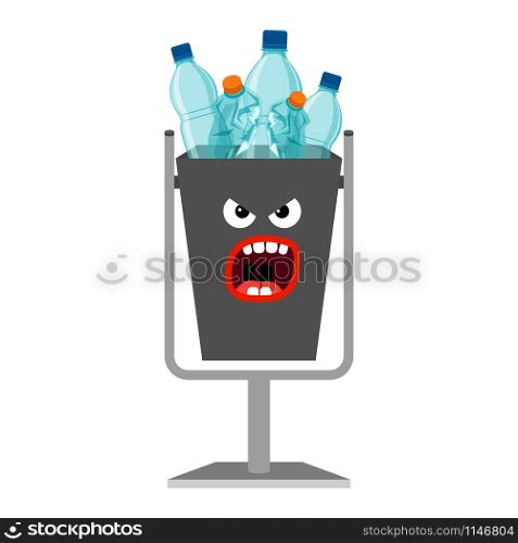 Garbage can with plastic trash isolated on the white background, vector illustration. Garbage can with plastic trash