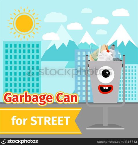 Garbage can with street trash and monster face on the street, vector ilustration. Monster face garbage can with street trash