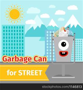 Garbage can with street trash and monster face on the street, vector ilustration. Monster face garbage can with street trash