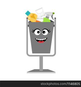 Garbage can with waste trash isolated on the white background, vector illustration. Garbage can with waste trash