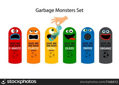 Garbage cans for kids with cartoon monster faces, vector illustration. Garbage cans for kids