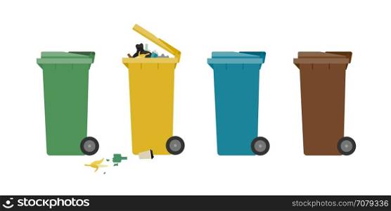 Garbage cans. Garbage colorful cans for separate waste, flat illustration.