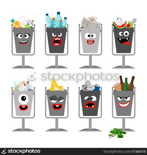 Garbage cans with trash for kids. Trash cans with cute monster faces, vector icons set. Garbage cans with trash for kids