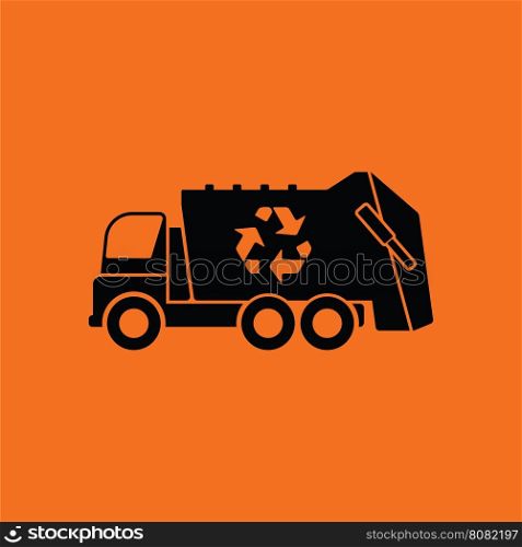 Garbage car recycle icon. Orange background with black. Vector illustration.
