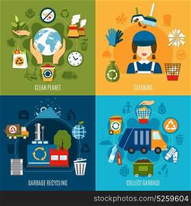 Garbage Collecting Design Concept. Garbage design concept with four square compositions of flat waste recycling and cleaning images and pictograms vector illustration