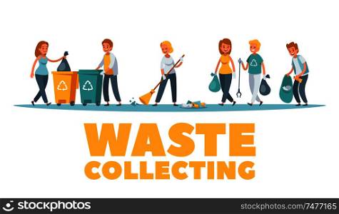 Garbage collecting flat horizontal composition banner with volunteers cleaning streets sorting recyclable waste in bins vector illustration