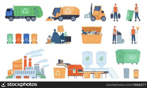 Garbage collecting service. Waste disposal, street dustbins, city dump, trash recycling and transportation, sorting conveyor, refuse and reuse rubbish industry, vector cartoon flat style isolated set. Garbage collecting service. Waste disposal, street dustbins, city dump, trash recycling and transportation, sorting conveyor, refuse and reuse industry, vector cartoon flat isolated set