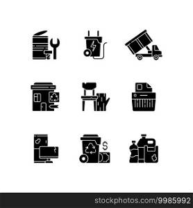 Garbage collection black glyph icons set on white space. Metal waste. Energy-from-waste. Open-top dumpster. Discarded wood products. E-waste. Silhouette symbols. Vector isolated illustration. Garbage collection black glyph icons set on white space