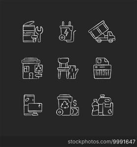 Garbage collection chalk white icons set on black background. Metal waste. Energy-from-waste. Open-top dumpster. Discarded wood products. E-waste. Isolated vector chalkboard illustrations. Garbage collection chalk white icons set on black background