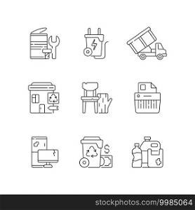 Garbage collection linear icons set. Metal waste. Energy-from-waste. Open-top dumpster. E-waste. Customizable thin line contour symbols. Isolated vector outline illustrations. Editable stroke. Garbage collection linear icons set