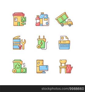 Garbage collection RGB color icons set. Metal waste. Energy-from-waste. Open-top dumpster. Discarded wood products. E-waste. Plastic pollution. Consumer products. Isolated vector illustrations. Garbage collection RGB color icons set