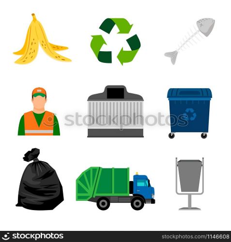 Garbage color icons. Dumpster and garbage truck, cleaner and garbage bag. Garbage color icons on white background