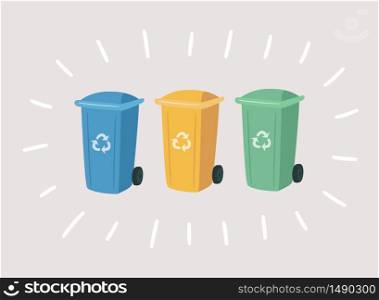 Garbage colorful cans for separate waste. Containers for Recycling Waste Sorting. Vector hand drawn set of green, blue, yellow trash bins. Garbage colorful cans for separate waste. Containers for Recycling Waste Sorting. Vector