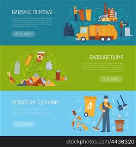 Garbage Concept Banner. Horizontal color banner with information about territory cleaning garbage dump and removal vector illustration