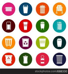 Garbage container icons many colors set isolated on white for digital marketing. Garbage container icons many colors set