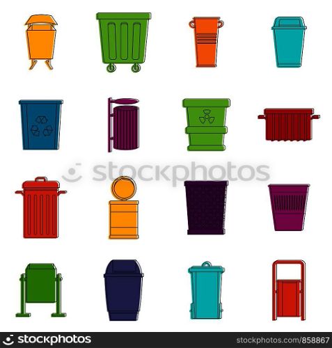 Garbage container icons set. Doodle illustration of vector icons isolated on white background for any web design. Garbage container icons doodle set