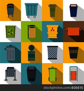 Garbage container icons set. Flat illustration of 16 garbage container vector icons for web. Garbage container icons set, flat style