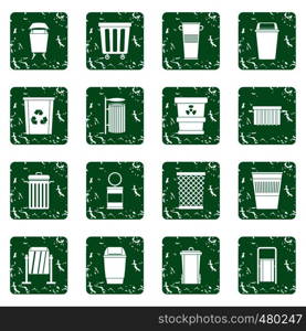 Garbage container icons set in grunge style green isolated vector illustration. Garbage container icons set grunge