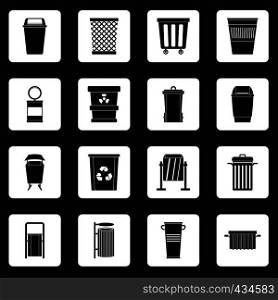 Garbage container icons set in white squares on black background simple style vector illustration. Garbage container icons set squares vector