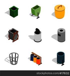 Garbage container icons set. Isometric 3d illustration of 9 garbage container vector icons for web. Garbage container icons, isometric 3d style