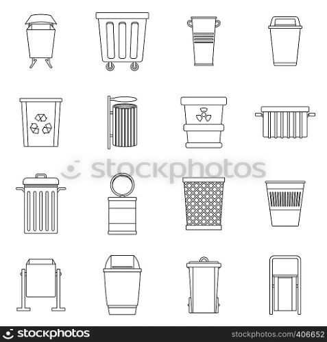Garbage container icons set. Outline illustration of 16 garbage container vector icons for web. Garbage container icons set, outline style