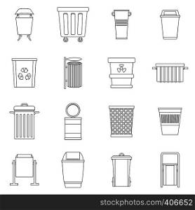 Garbage container icons set. Outline illustration of 16 garbage container vector icons for web. Garbage container icons set, outline style