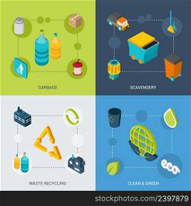 Garbage design concept set with scavengery clean and green waste recycling isometric icons isolated vector illustration. Garbage Isometric Set