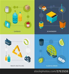 Garbage design concept set with scavengery clean and green waste recycling isometric icons isolated vector illustration