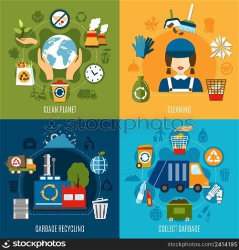 Garbage design concept with four square compositions of flat waste recycling and cleaning images and pictograms vector illustration. Garbage Collecting Design Concept