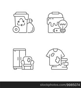 Garbage disposal linear icons set. Residential waste collection. Solid materials. Bulky refuse. Fashion. Customizable thin line contour symbols. Isolated vector outline illustrations. Editable stroke. Garbage disposal linear icons set