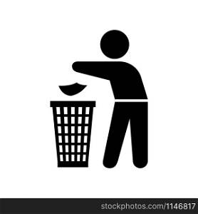 Garbage element silhouette of a man throwing trash into a basket on the white background, vector illustration. Man throwing trash silhouette