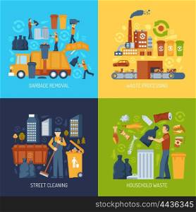 Garbage Flat Concept. Color flat concept showing garbage collection and waste processing vector illustration