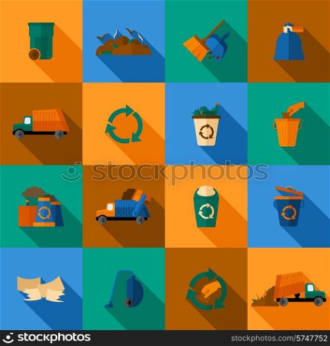 Garbage flat icons set with trash dump waste basket earth pollution isolated vector illustration
