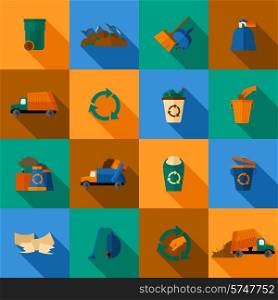 Garbage flat icons set with trash dump waste basket earth pollution isolated vector illustration