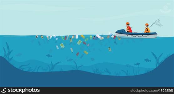 Garbage floating in the water, Male volunteers scavenge from the sea or ocean on boat, water pollution environment conceptual vector illustration.