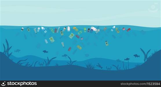 Garbage floating in the water.Water pollution environment conceptual vector illustration.