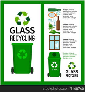 Garbage green container info with glass trash elements, vector illustration. Garbage green container info with glass