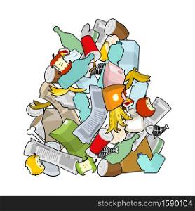 Garbage heap isolated. Pile Rubbish. Stack trash. litter background. peel from banana and stub. Tin and old newspaper. Bone and packaging. Crumpled paper and plastic bottle