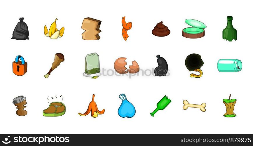 Garbage icon set. Cartoon set of garbage vector icons for web design isolated on white background. Garbage icon set, cartoon style