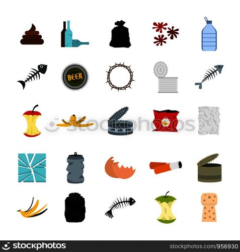 Garbage icon set. Flat set of garbage vector icons for web design isolated on white background. Garbage icon set, flat style
