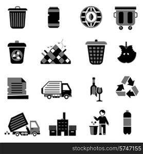 Garbage icons black set with trash can environment ecology waste symbols isolated vector illustration