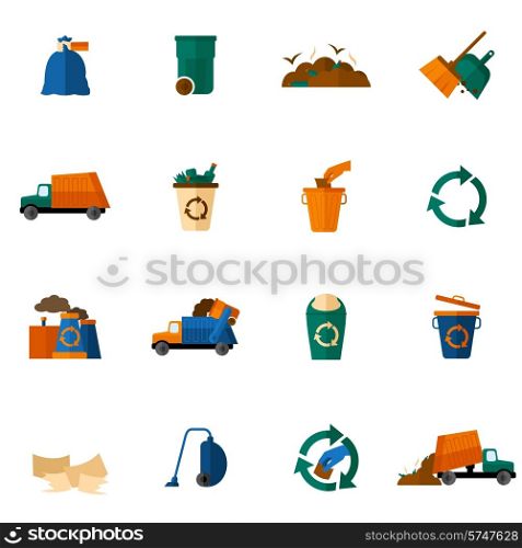 Garbage icons flat set with dumpster trash bin cleaning bulldozer isolated vector illustration