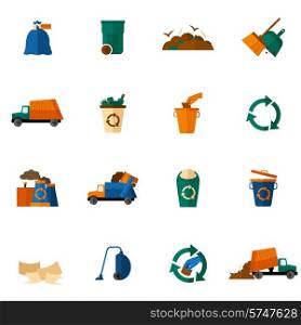 Garbage icons flat set with dumpster trash bin cleaning bulldozer isolated vector illustration