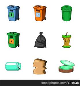 Garbage icons set. Cartoon illustration of 9 garbage vector icons for web. Garbage icons set, cartoon style