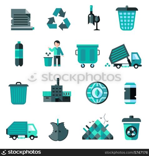Garbage icons set with recycling symbol bulldozer trash basket isolated vector illustration
