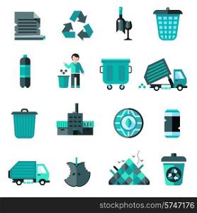 Garbage icons set with recycling symbol bulldozer trash basket isolated vector illustration