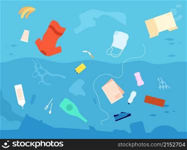 Garbage in water. Dirty waste sea, plastic bag bottle trash floating in sea. Stop polluted environment, rubbish eco problems vector. Waste pollution bottle and plastic, problem of ecology illustration. Garbage in water. Dirty waste sea, plastic bag bottle trash floating in sea. Stop polluted environment, rubbish eco problems utter vector concept