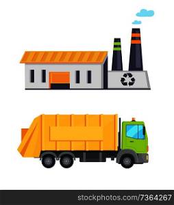 Garbage infographic elements, truck transporting waste to building with recycle sign, conservation of nature and recycling process vector illustration. Garbage Infographic Elements Vector Illustration