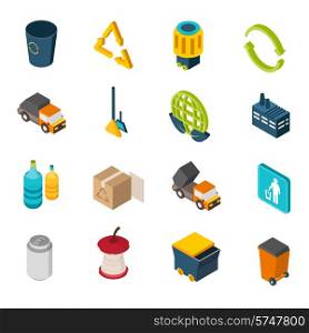 Garbage isometric icons set with trash can recycling symbol and truck isolated vector illustration