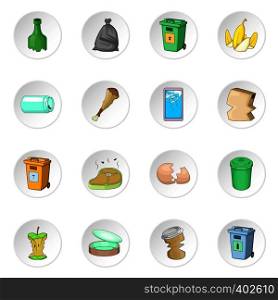 Garbage items icons set. Cartoon illustration of 16 garbage items vector icons for web. Garbage items icons set